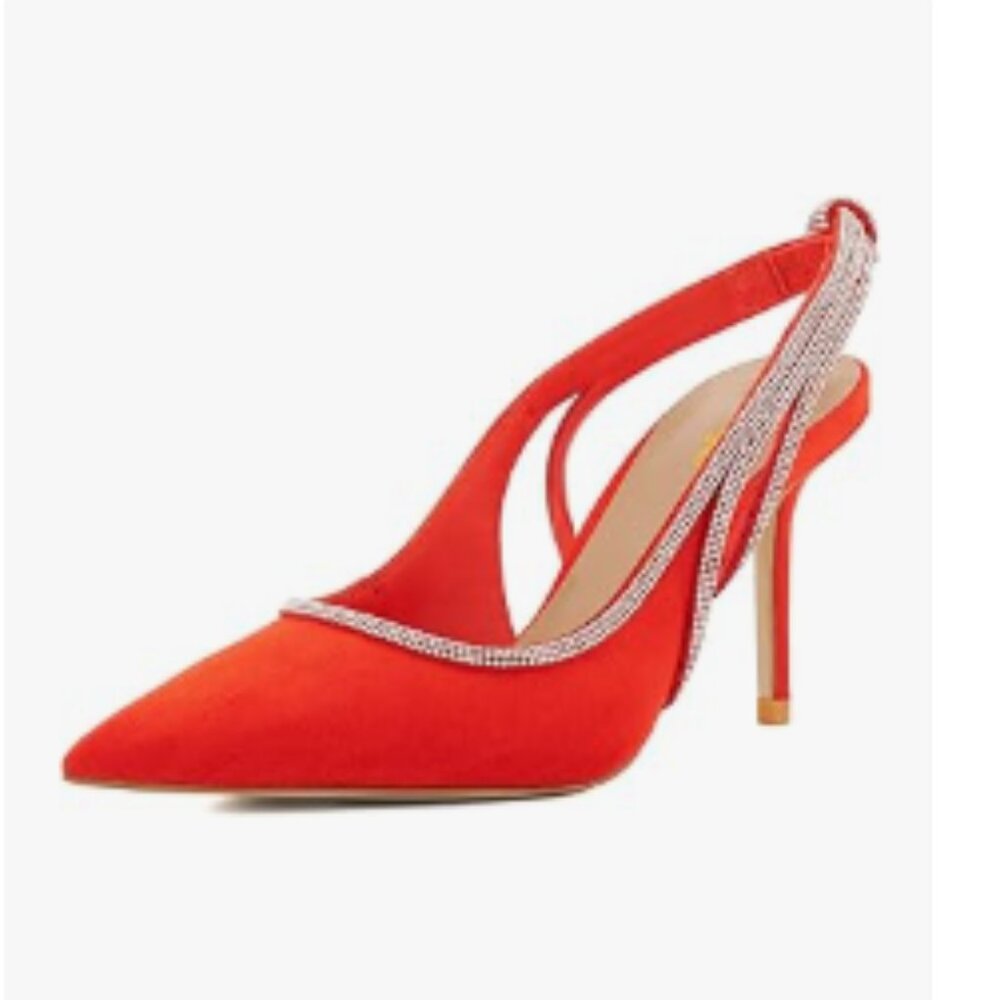 Wo Wagas Red Studded Pumps Rhinestone Slingback Knot Slip On Stiletto Heels Shoe
